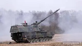 German PzH2000 155mm Self-Propelled Howitzers conduct artillery fire mission