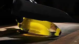 A cinematic shot a hand in a matte black nitrile glove is precisely slicing perfect banana