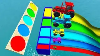 Big & Small Tractor Car vs Slide Colors with Portal Trap - Cars vs Deep Water vs Train -BeamNG.Drive