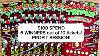 SO MANY WINNERS in this $100 session of Florida Lottery $2 million triple match scratch off tickets