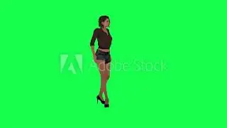 Young girl in high heels black shorts and brown hair walking to find her friend on green screen
