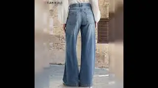 【Flamingals】Wash Stitch Decor Wide Leg Mid Rise Jeans Without Belt #ootd#jeanswear #widelegjeans