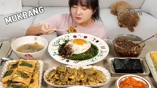 Cooking Mukbang :) wild chive sauce seasoned bibimbap, oyster pancakes and tofu pancakes.
