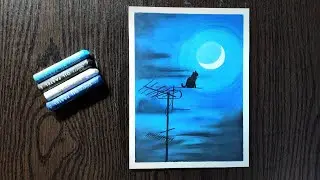Oil Pastel Drawing- How to Draw Easy Moonlight Nightscape Scenery Drawing