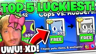 Top 5 LUCKIEST Youtubers! Cops Vs Robbers Pack Pet Simulator 99!