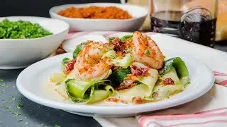 Shrimp and “Zoodle” Pappardelle with Bella Cream Sauce and Tomato Breadcrumbs