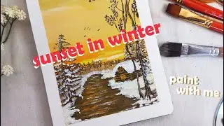 Sunset in winter painting / easy for beginner / paint with me❤