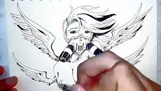 Four Winged Mask Girl Pen Drawing #penart #penartdrawing #pen