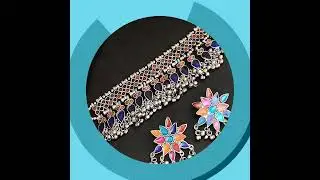 Total Fashion Silver Oxidised Jewellery Meenakari Work Multi Choker Necklace Set for Women & Girls