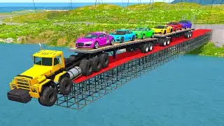 Impossible Bridge Flatbed Transport Truck Car Rescue - Cars vs Deep Water - BeamNG.drive