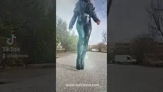NEW SHOTS. WALKING IN LEATHER LEGGINGS AND HIGH HEELS