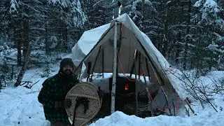 Canvas Tarp Shelter with Woodstove, Snowshoes, Family, Winter Bushcraft