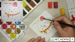 Как нарисовать Ёлочную игрушку. Снеговик  акварелью. Уроки рисования