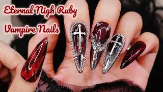 Vampire Nails 🩸 Dark Red Cat-Eye, Cross Accents & Crystal Chains 💎