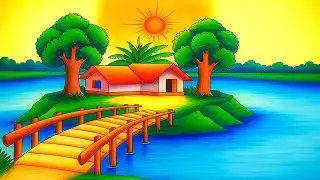 How to draw easy scenery drawing with oil pastel landscape village scenery drawing step by step