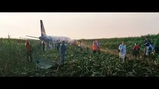 Самолет A321 сел в поле. Видео с места происшествия.
