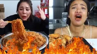 Mukbangers vs the Nuclear Fire Noodle Challenge. | Hilarious 4x Fire Noodle Mukbang