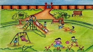 Park drawing - How to draw a park scene of children's play step by step