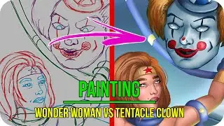 Wonder Woman Vs Tentacle Clown - Steps Digital Painting Tutorial