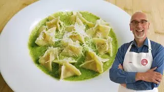 Fagottini Ripieni di Mousse di Mortadella con Crema di Zucchine e Basilico