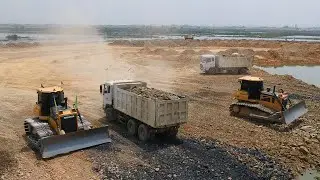 Ultimate Fascinating Moments Bulldozer Pushing Rock Soil Into Water Incredible Swamp Landfill