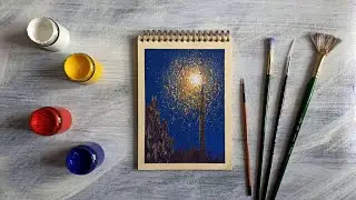 Свет фонаря во время снегопада | Рисуем гуашью