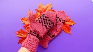 🧤 Tricoter des moufles pour femme jacquard, panthère rose