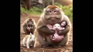 chubby small cute monkey ride rabbit  and carry  baby monkeys near field in village setting.#AI