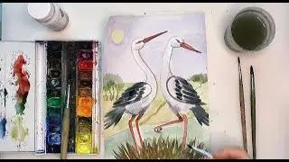 Весенние аисты. Как нарисовать аистов. Рисуем аистов. Урок рисования. Drawing storks. Spring storks.