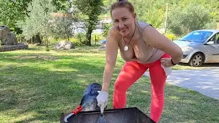 BBQ cleaning. Cooking in a mountain village. Mila naturist