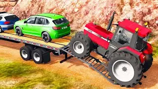 Cars vs Deep Water | Flatbed Trailer Transportation Truck Rescue | BeamNG Drive