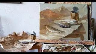 Натюрморт с рыбой. Живопись в три краски. Гризайль. Масляная живопись для начинающих.