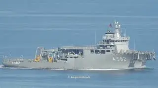 Turkish Navy MOSHIP A-582 TCG Alemdar southbound Chios Strait in east Aegean Sea.