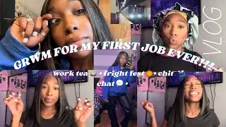 VLOG • 5AM GRWM my FIRST job!🫠Haha + Fright Fest Road Trip • work vlog • chit chat🎃