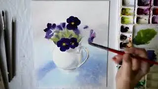 Анютины глазки. Акварель алла прима. Этюд.