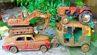 Muddy JCB, Tractor, Truck, Dumper, Auto Rickshaw, Mini Tractor Jump River Mud Cleaning | Toy Cartoon