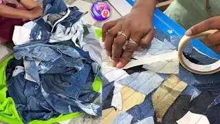 Old waste jeans reused into doormat making at home