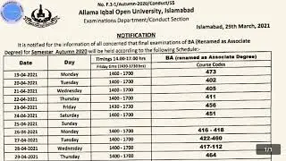 AIOU announced datesheet of BA semester autumn 2021