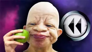 Bald wrinkly man eating fruit [reverse]