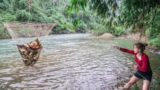 How to Make Nets and Bamboo to Trap Big Fish on big Rivers. Beautiful Girl Catches Big Fish