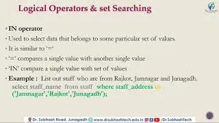 DBMS Lecture 9  Logical & Character Operator in SQL  by Dhruvi Marsonia