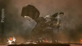 A big angry dragon in the desert is fighting off its enemies. 3D animation fantasy background.