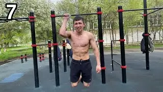 7 one arm pull ups chin pause on top. 2 one arm dips. One arm muscle up