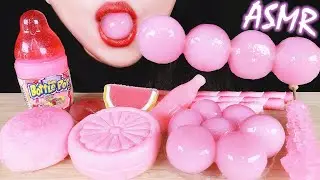 ASMR PINK FOODS: MOCHI RICE CAKE BALLS,  BABY BOTTLE JELLY, ROCK CANDY, NIK L NIP WAX BOTTLE 咀嚼音 먹방