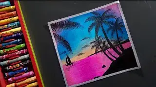 Sunset Scenery Drawing with Oil Pastel for beginners - step by step