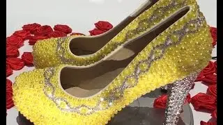 Velcans: Pink & Citrus Limon Pearl Heels 4.5 Inches Wedding Pumps for Bridesmaid,Bridal & Prom Shoes