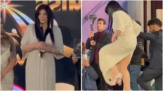 الفستان اتفتح من ورا .. الفنانة حورية فرغلي تتعرض لموقف محرج اثناء صعودها على المسرح للتكريم