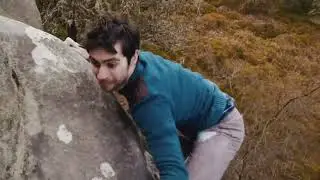 Dan Varian making the first ascent of ‘Mr Blobby’, Font 8a+ at Callaly Crag, Northumberland.