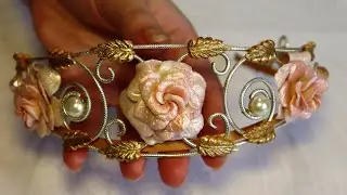 Flower Tiara with polymer clay roses and gold leaf. Diy headband crown. Wedding hair jewelry