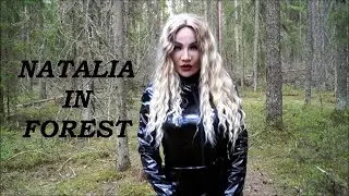Natalia in the forest in Nicole’s new female silicone mask, leather dress and thigh high boots